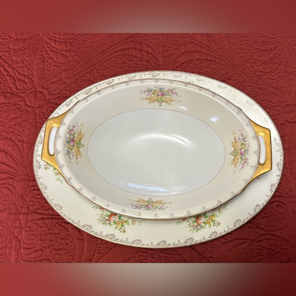 Elegant Floral Serving Platter and serving bowl  with Gold Accents